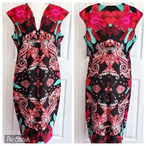 NWT New York & Co. Red Floral Paisley Scuba Knit Midi Dress XL